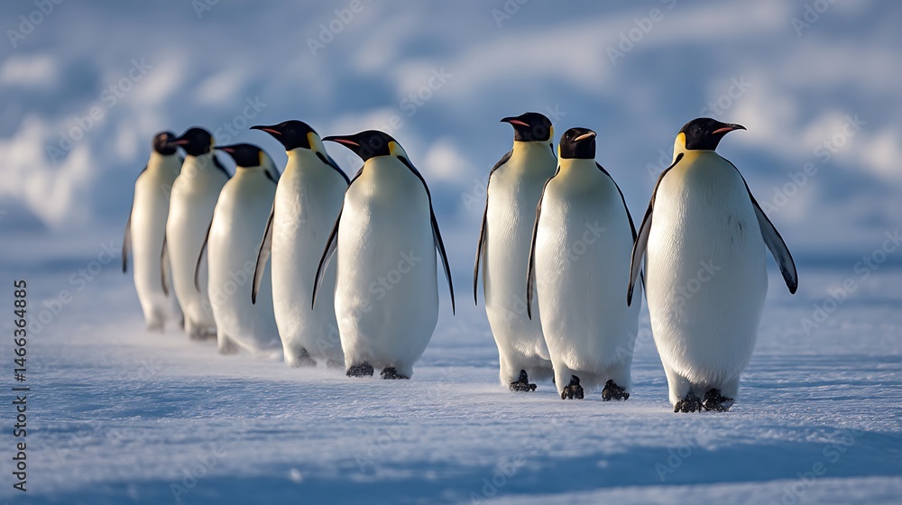 Obraz premium Emperor penguins walk in a line in the soft sunlight on the Antarctic ice.