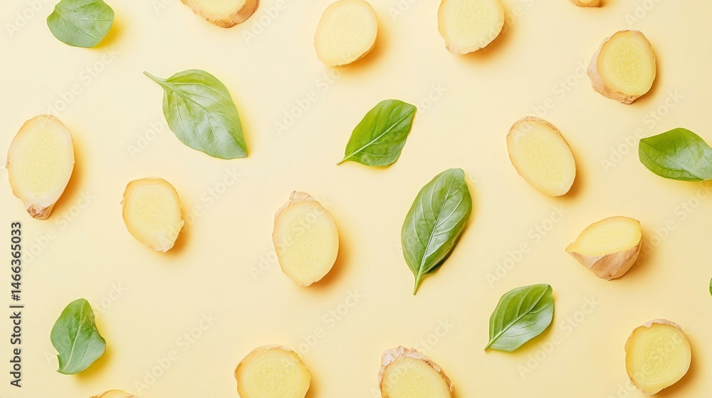 Ginger slices and basil leaves on pastel yellow background Ginger slices and basil leaves on pastel yellow background