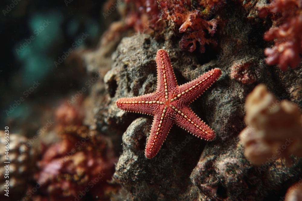 A Single Orange Starfish Adheres to Rough Stone, Surrounded by Various Corals in a Rich Underwater Environment A Single Orange Starfish Adheres to Rough Stone, Surrounded by Various Corals in a Rich Underwater Environment