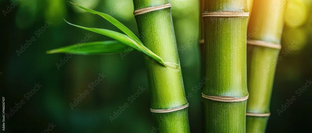 Three green bamboo stalks with leaves on them Three green bamboo stalks with leaves on them