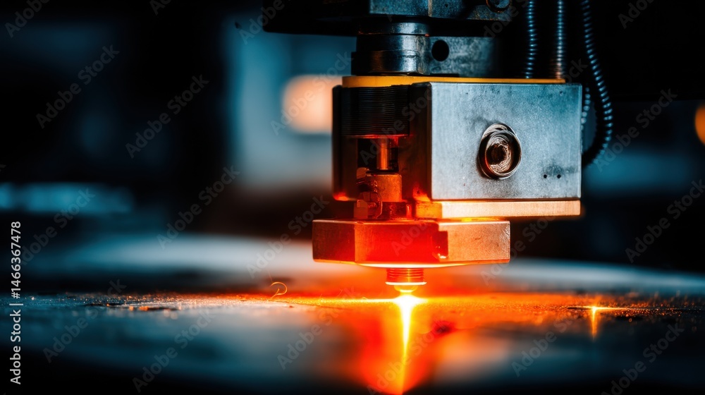 Close-up of industrial machinery with glowing orange nozzle and sparks on dark surface Close-up of industrial machinery with glowing orange nozzle and sparks on dark surface