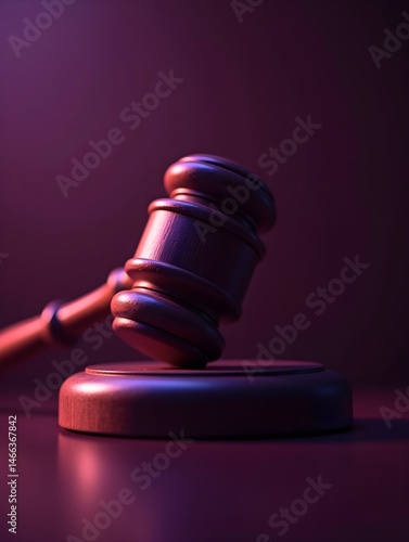Wooden courtroom gavel casting dramatic purple shadows, illuminating authority against blurred luminous background, 4K