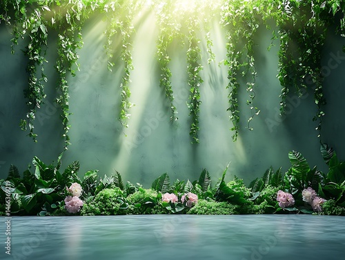 82. A captivating jungle landscape reveals the delicate balance of life within its lush depths. Towering trees and vibrant foliage create a vibrant green backdrop, while colorful flowers bloom 