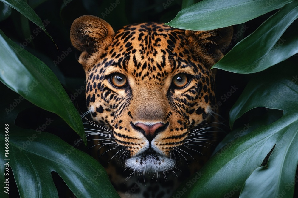 Leopard hiding in tropical foliage with focused eyes and spotted fur pattern in tense wild jungle setting