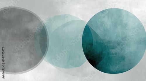 Subtle overlapping circles in gray and teal create a minimalist geometric abstract design with a misty, faded texture and a modern, calming mood.