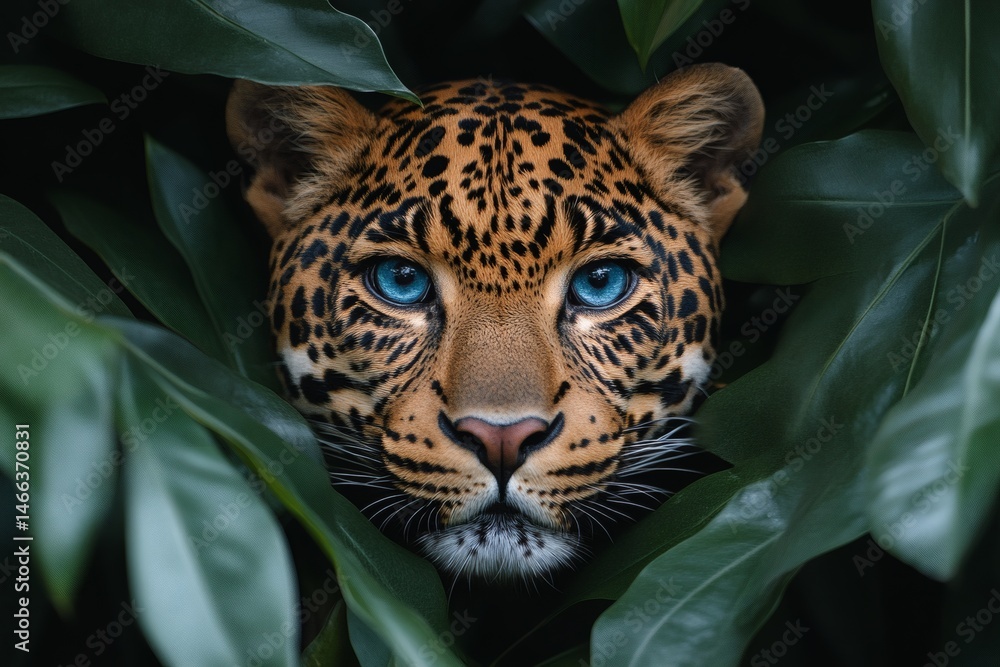 Intense jungle scene with leopard camouflaged in green leaves showing primal beauty and predator focus in the wild