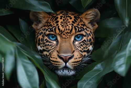 Obraz na płótnie Intense jungle scene with leopard camouflaged in green leaves showing primal beauty and predator focus in the wild
w salonie