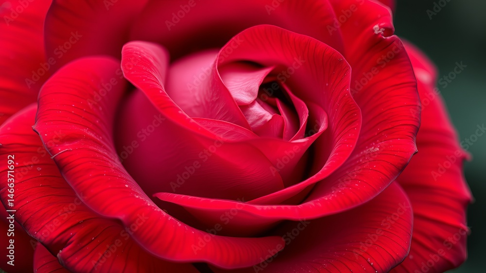 Naklejka premium A vibrant close-up captures the exquisite detail of a single deep red rose blossom, showcasing its velvety petals and intricate textures.