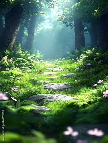 17. An awe-inspiring view of a thriving jungle landscape depicts a world alive with color and sound. Towering trees reach for the sky, their leaves creating a vibrant green canopy overhead. 