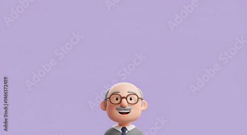 3d cute cartoon illustration, illustration of a smiling older man portrait at the bottom of the frame, with clear copy space at the top for text. ,isolated on bright background, no text