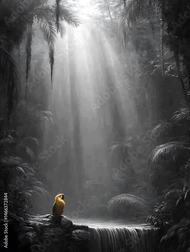 22. A breathtaking panorama of the jungle showcases the stunning interplay of light and life. Towering palm trees sway gently in the breeze, their fronds offering shade to the vibrant flora 