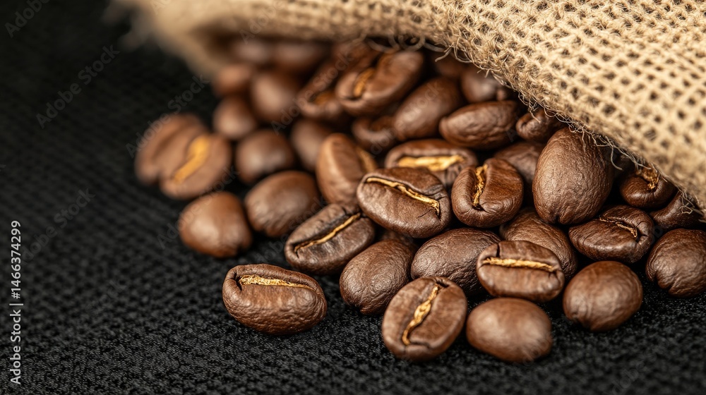 Fototapeta premium Roasted coffee beans spilling out of a burlap sack onto a dark textured surface.