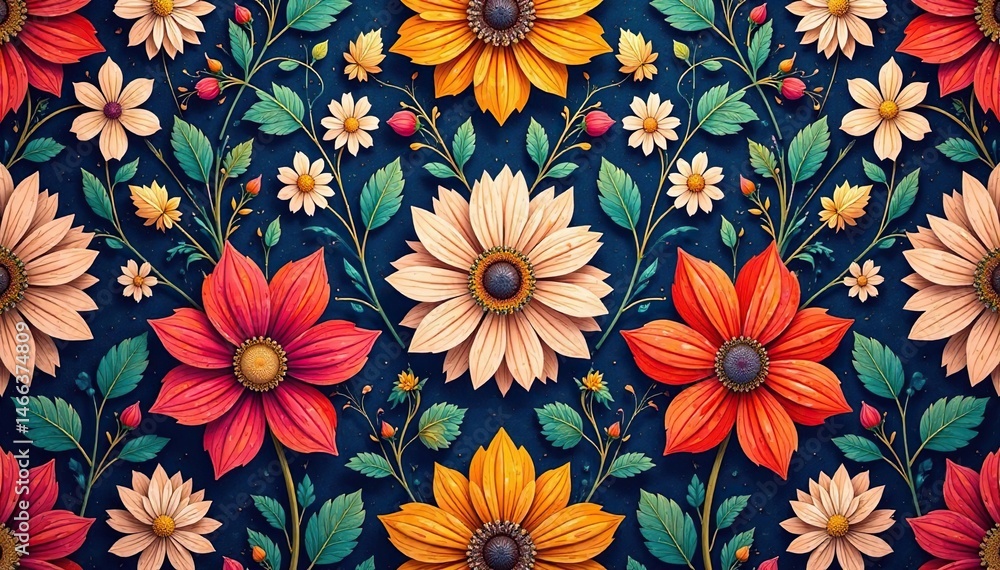 Intricate floral textile design, repeating motif , kaleidoscope, surface Intricate floral textile design, repeating motif , kaleidoscope, surface