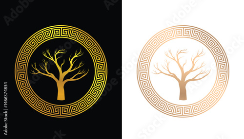 Beautiful ancient greek tree and circle vector image logo in gold color which is cool and amazing for design purposes with black and white background