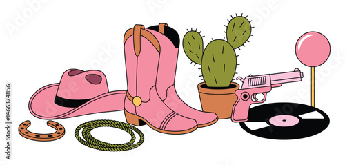   Set of Wild West Icons: Pink Cowboy Boots, Horseshoe, Gun, Cactus, and More