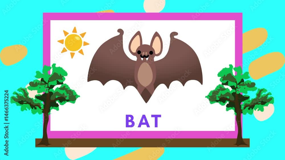 Bat full body with text name. Visual logic educational kids icon symbol. Simple, engaging attractive method. Vector animation, motion graphic video footage. Cute funny colourful theme background