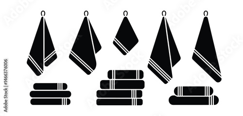   Silhouettes of hanging and folded towels in various shapes and sizes – minimalist black vector illustration of bathroom and kitchen towel icons for cleaning, hygiene, and household design
