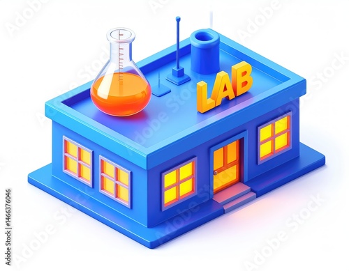 Blue Lab Building: Isometric 3D Render with Glowing Windows