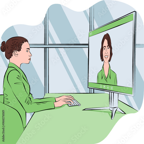 Businesswoman on video call with stakeholder Business talk, growth strategies, and confidence in every decision. Outline vector illustration.