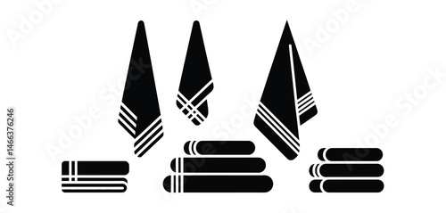   Silhouettes of hanging and folded towels in various shapes and sizes – minimalist black vector illustration of bathroom and kitchen towel icons for cleaning, hygiene, and household design