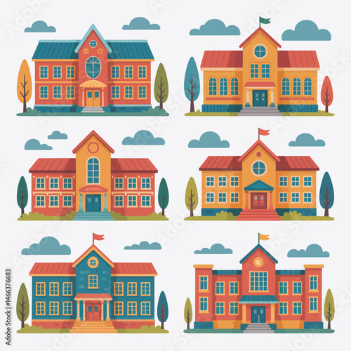   Vector illustrations of various school buildings including traditional, modern, and educational campus structures. Ideal for themes related to education, school environment, and academic institution