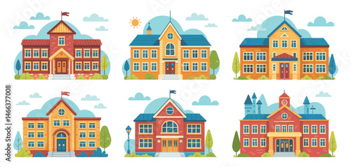   Vector illustrations of various school buildings including traditional, modern, and educational campus structures. Ideal for themes related to education, school environment, and academic institution