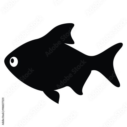 black skirt tetra fish vector silhouette icon, black and white illustration of fish.