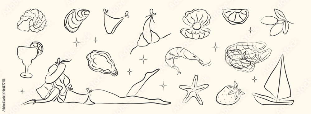 Fototapeta premium Italian summer set with woman. Hand drawn greek seafood, coast sea elements for placard, Italy menu, poster. Coastal Greece foods, oyster, olive, lemon, shell. Ink vector illustration.