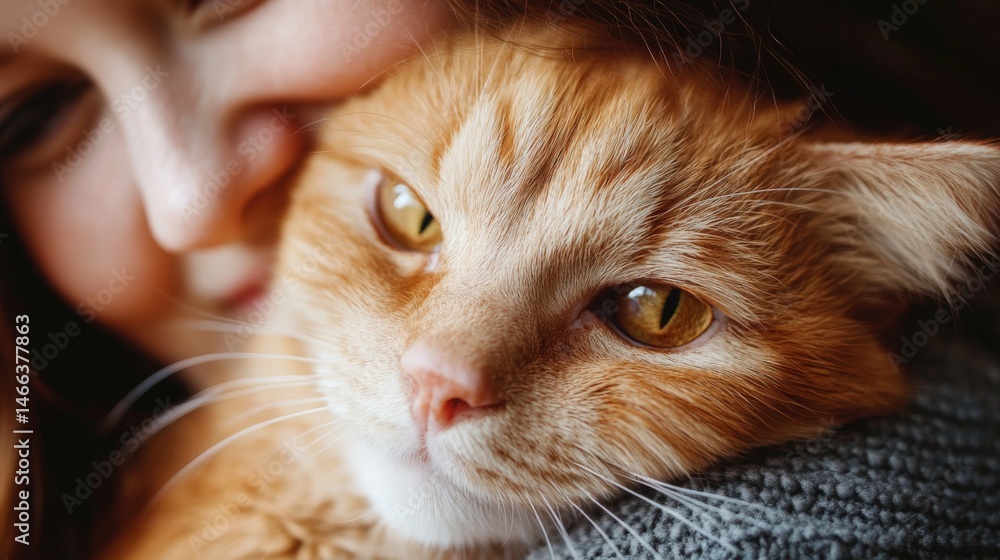 Child embraces ginger cat