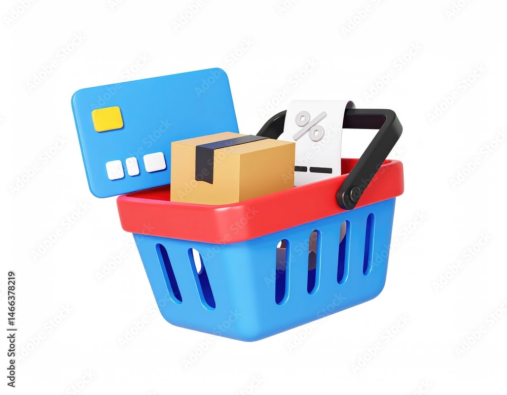 Fototapeta premium Shopping Cart with Package, Card, and Receipt: A Playful 3D Render