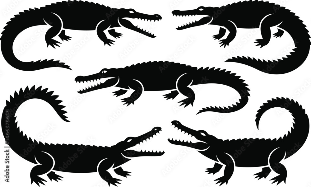Naklejka premium Vector illustrations of various angry alligator silhouettes for design and wildlife projects