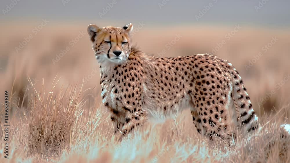 Elegant Cheetah Standing Tall in the Golden Grassland Landscape Under Soft Light Elegant Cheetah Standing Tall in the Golden Grassland Landscape Under Soft Light