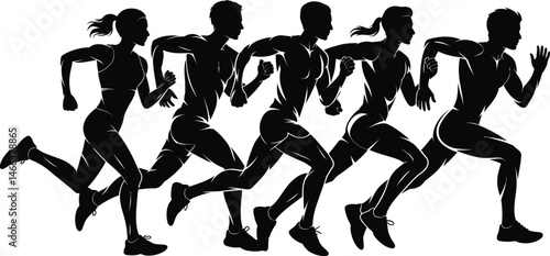 Dynamic black silhouette of runners sprinting in a race against the white background