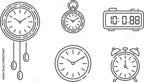 Collection of classic and modern timekeeping devices representing different styles and time measurement tools