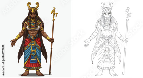Illustration of A Majestic Divine Figure: A stunning representation of a divine figure, adorned with intricate details and symbolic elements, stands in a pose of power and grace. This is an artwork.