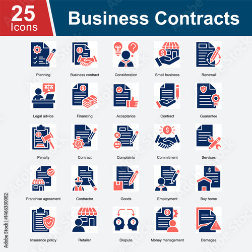 Business Contract is a collection of icons that represent various elements of business agreements, including contract terms, legal advice, financing, dispute resolution, penalties.