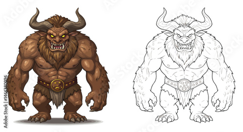 Fierce Minotaur Illustration: A formidable minotaur stands in a bold illustration, embodying strength and a touch of myth, perfect for a fantasy-themed project.