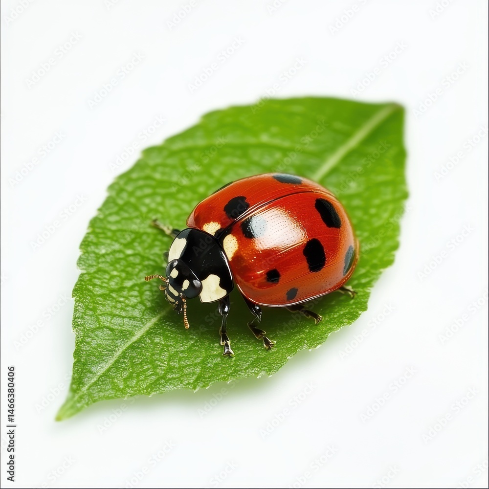 Fototapeta premium Beautiful Ladybug on Green Leaf Nature Closeup Photography red spot dots legs pest cute black macro