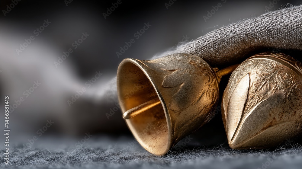 Fototapeta premium Antique-style golden bells resting on a grey linen cloth