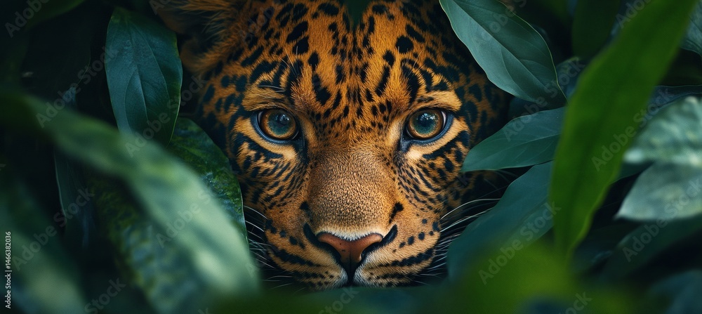 Intense jungle scene with leopard camouflaged in green leaves showing primal beauty and predator focus in the wild