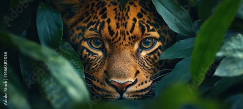 Obraz na płótnie Intense jungle scene with leopard camouflaged in green leaves showing primal beauty and predator focus in the wild
w salonie