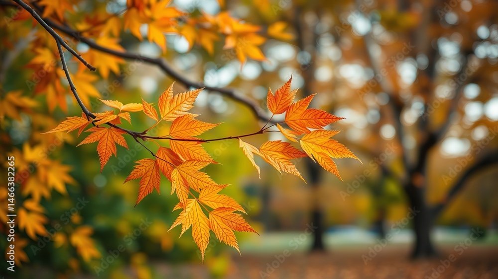 Vibrant orange and yellow autumn leaves on a branch with blurred background showcasing the beauty of fall foliage in a park setting. Vibrant orange and yellow autumn leaves on a branch with blurred background showcasing the beauty of fall foliage in a park setting.