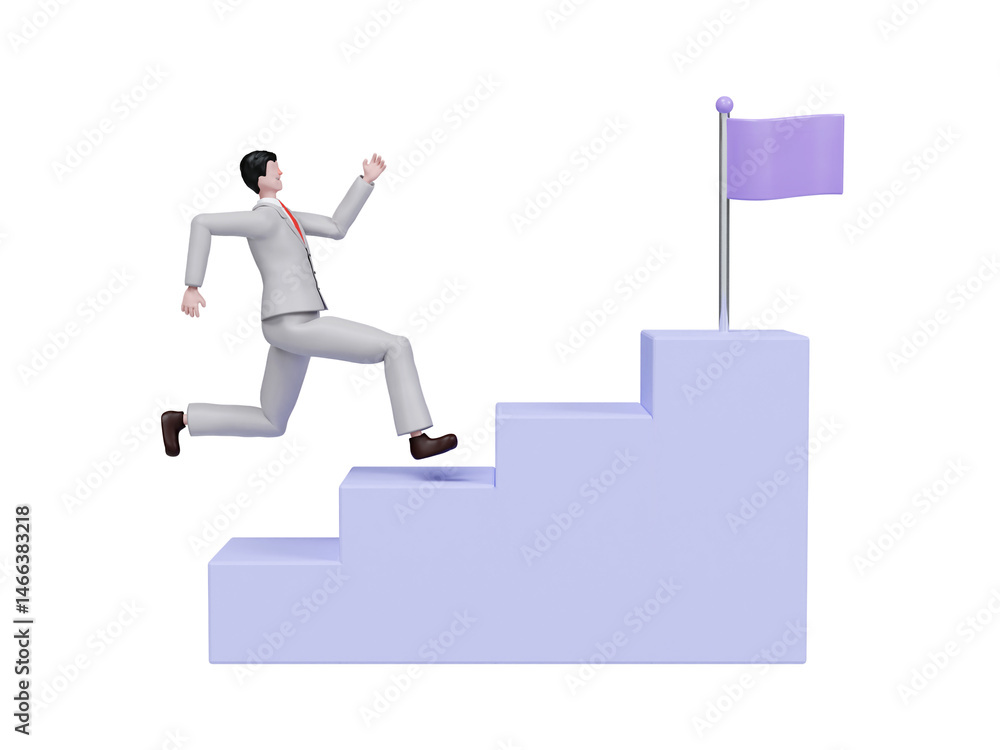 Businessman climbing steps towards success. 3D render illustration Businessman climbing steps towards success. 3D render illustration