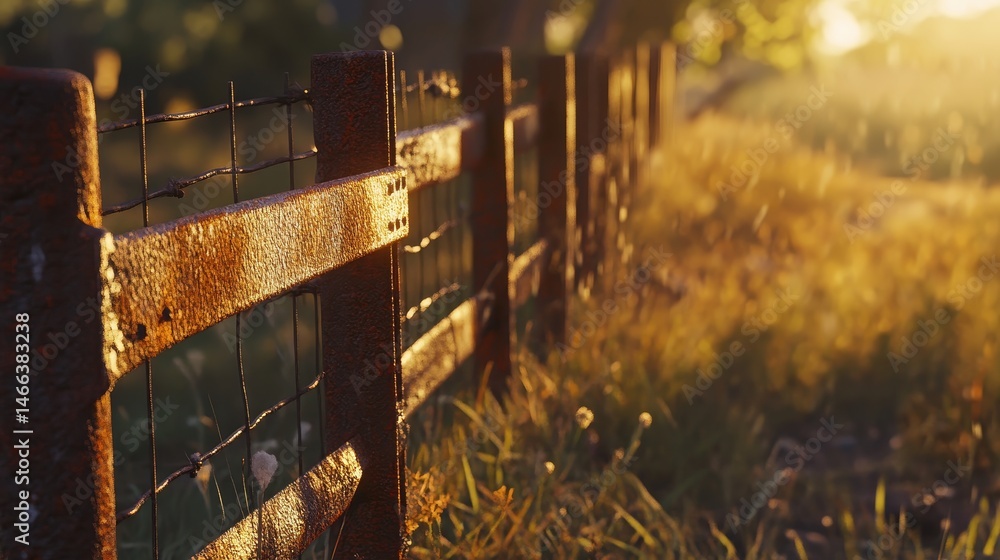 Rusty metal fence illuminated by golden sunset light, evoking nostalgia and serenity