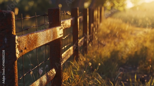Obraz na płótnie Rusty metal fence illuminated by golden sunset light, evoking nostalgia and serenity w salonie