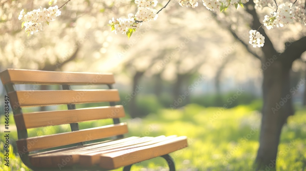 Minimalist wooden bench surrounded by blossoming orchard in soft focused realistic photography