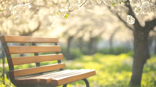 Obraz na płótnie Minimalist wooden bench surrounded by blossoming orchard in soft focused realistic photography w salonie