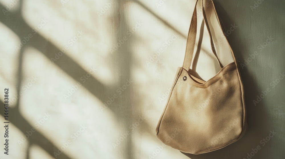 Soft focus still life photograph of a beige bag hanging elegantly in a display setting