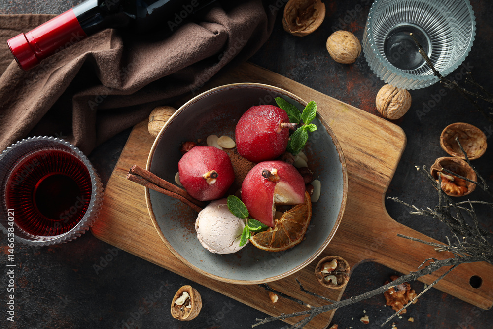 Tasty and delicious food concept - pear in wine