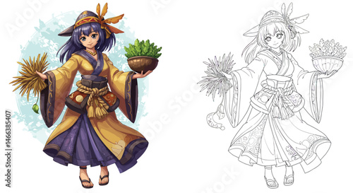 Anime Girl with Plants: A charming anime-style illustration showcases a girl in traditional clothing holding potted plants, symbolizing nature and harmony. The image also includes a line art version.